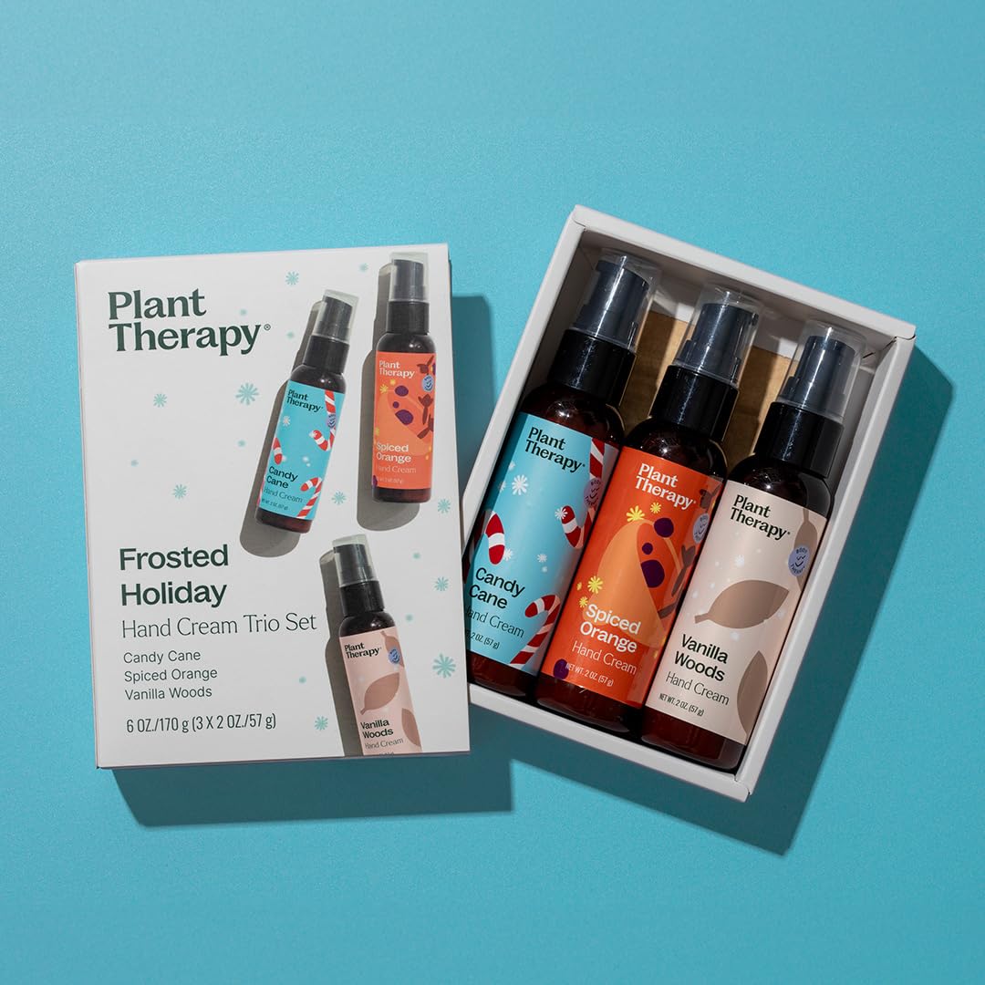 Plant Therapy Frosted Holiday Hand Cream Trio Set, Festive Trio with Three Seasonal Scents, Silky, Non-Greasy Hydration Anytime, Anywhere, Perfect for Gifting, Travel, or Stockings, Naturally Scented