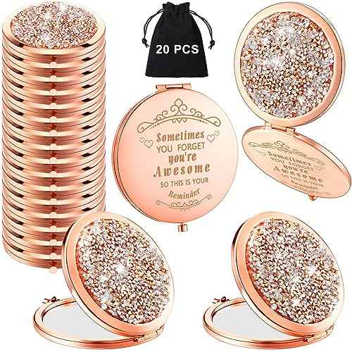 Cindeer 20 Pcs Small Compact Mirror Folding Pocket Makeup Round Hand Held Cosmetic Magnifying Compact Rhinestone Mirror with 1X/2X Magnification for Women Girls Travel (Gold Style)
