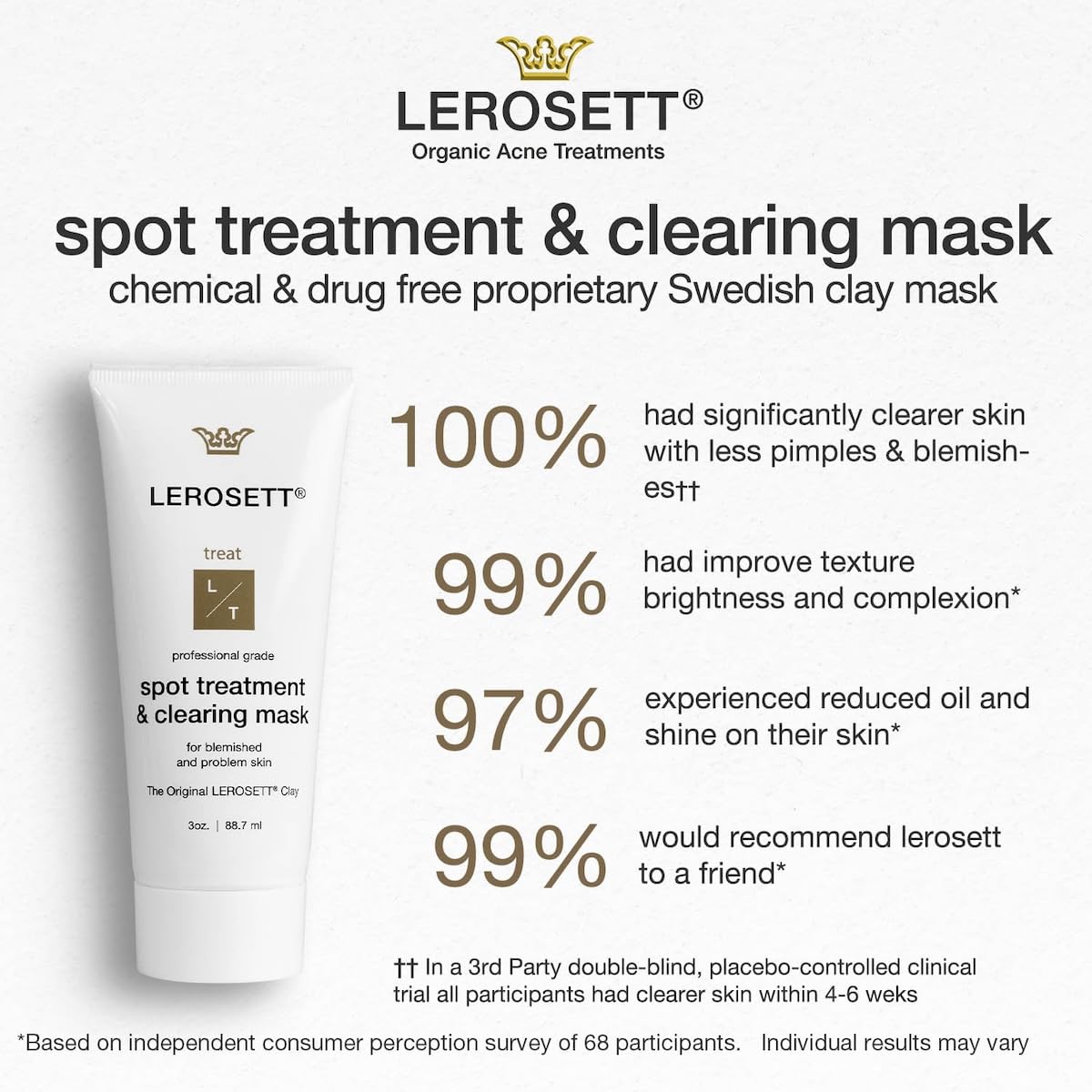 LEROSETT Facial Clay Mask for Balanced, Clear-Looking Skin. Helps Refine Pores & Reduce Excess Oil. 100% Natural, Spa-Grade, Made in Sweden Since 1987