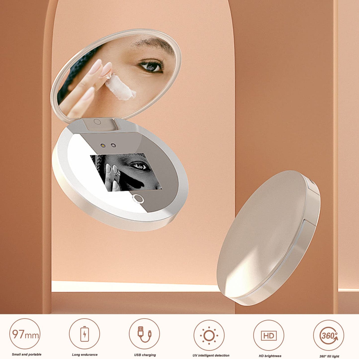 Yunir Mirror Sunscreen Testing Camera, 2X Magnification Lighted Travel Makeup Mirror with Rechargeable, Round 3.5inch Pocket Mirror with Folding for Outdoor