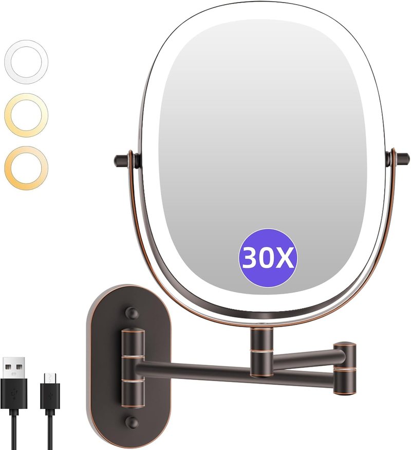 Funtoouch 30X/1X Wall Mounted Makeup Mirror - Rechargeable Double-Sided, 3 Color Modes, 360° Rotation | Antique Bronze