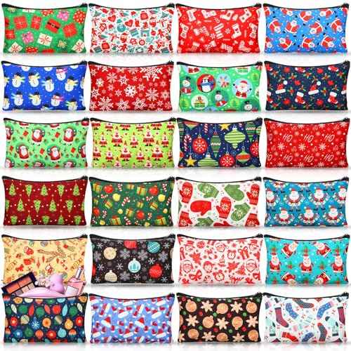 24 Pieces Makeup Bags Bulk Canvas Cosmetic Bags Purse Organizer Zipper Cosmetic Pouch Portable Travel Toiletry Pouch for Women Men Gifts, 7 x 4 Inch (Christmas)