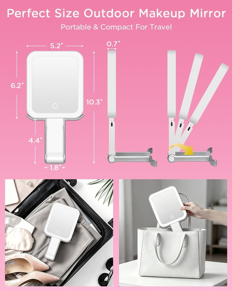EAONE Magnifying Makeup Mirror with LED Light - Double-Sided 10X/1X, Dimmable Touch Screen, Travel-Friendly, Silver (10.3 x 5.2 in)