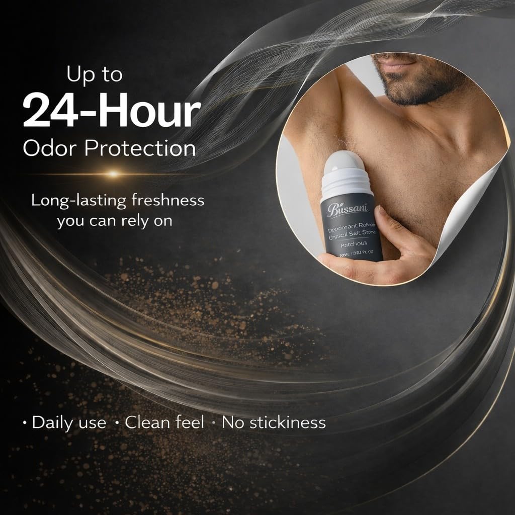 Bussani Crystal Salt Stone Deodorant for Men - Aluminum Free, Non-Irritating | 2.02 Fl Oz | Quick-Dry, No Stains | 3-Pack
