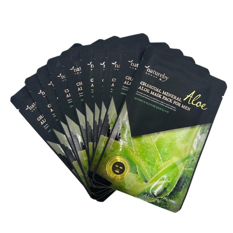Charcoal Mineral Mask Pack for Men - Korean Skincare Face Treatment | Aloe Soothing, 10 Sheets