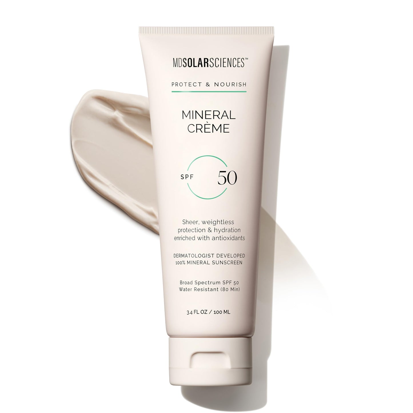 MDSolarSciences Mineral Crème Sunscreen SPF 50 | Water-Resistant Broad Spectrum UV Protection | Zinc Oxide Formula with Antioxidants | No White Cast Sheer Matte Finish | 3.4 Fl Oz