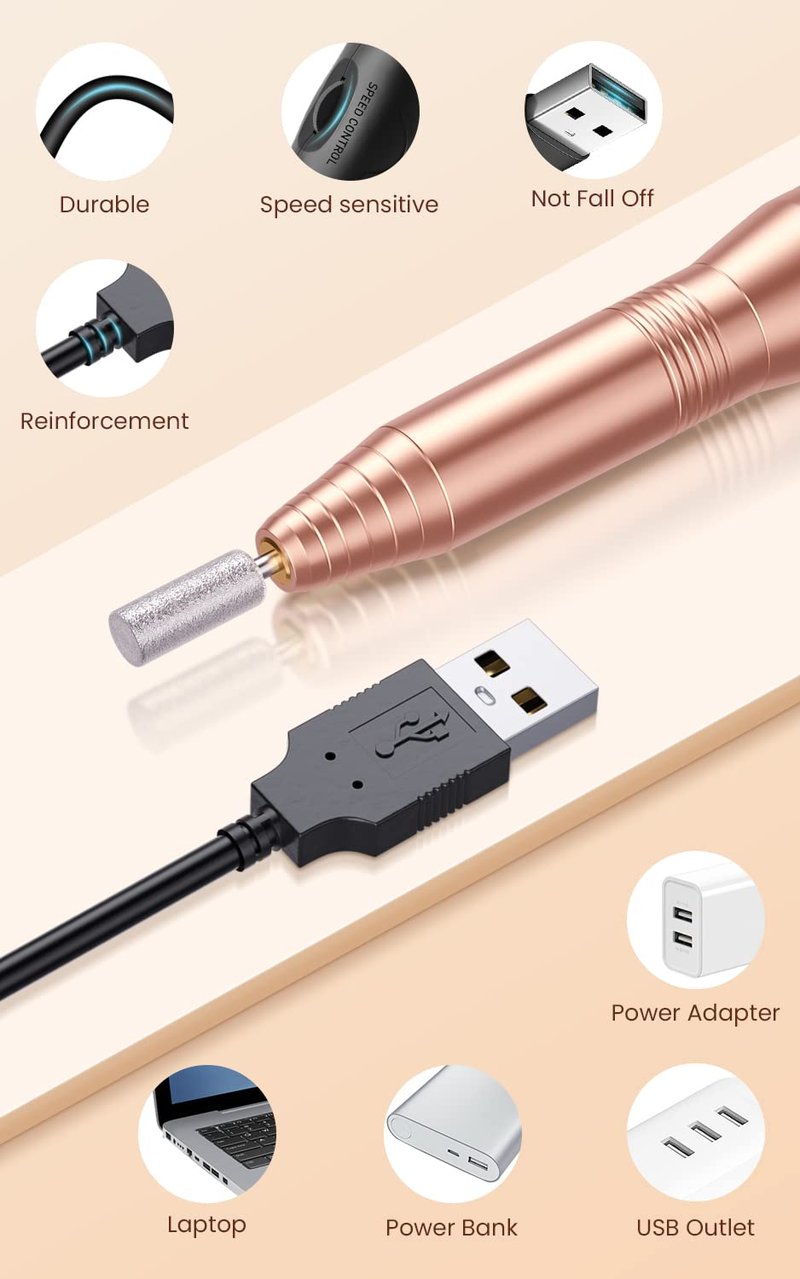 Acrylic Nail Drill Machine - Professional USB Electric Nail File Kit for Gel Nails | Portable Gold Design