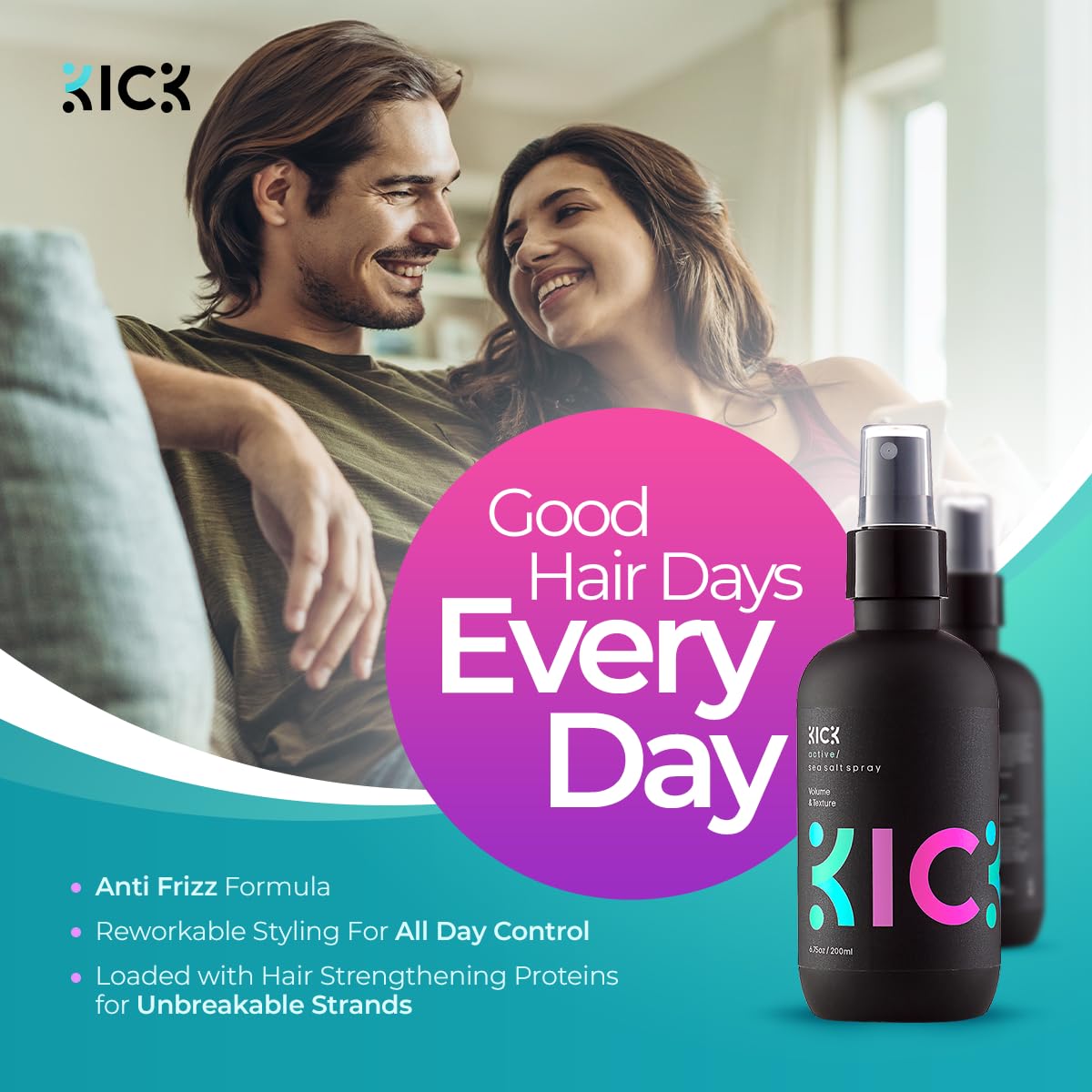 Kick Sea Salt Spray for Men - Beach Wave and Surfer Hair Style - Salt Water for Hair - Natural Texture and Volume Hair Spray - 200ml