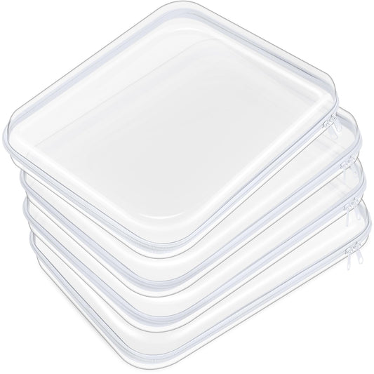 Hoolerry 4 Pcs Hard Clear Zipper Case Makeup Bags Plastic Zipper Pouch Transparent Storage Box Containers for Cosmetics, Snacks, Building Blocks, Puzzles(Clear,13.8 x 11.8 x 2 in,White)