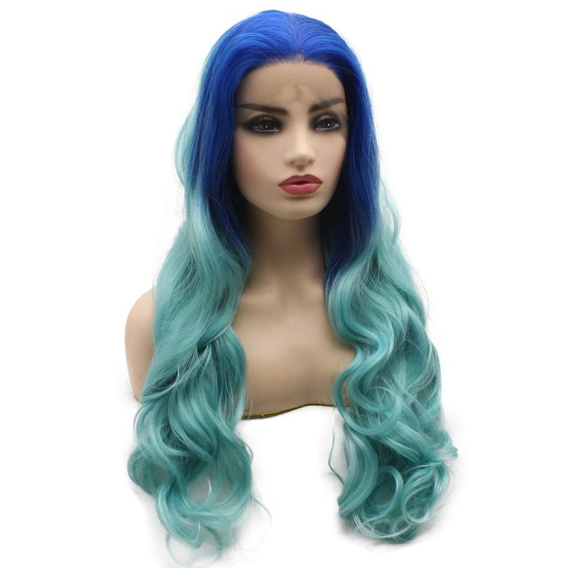 MX angel Long Wavy Blue Synthetic Lace Front Two Tone Ombre Wavy Heat Resistant Wig