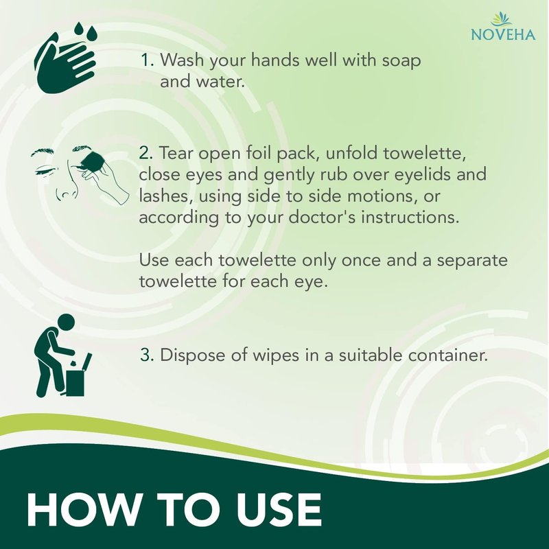 NOVEHA Demodex Eyelid & Lash Wipes - Extra Strength Cleansing Wipes for Irritated Eyes | 60 Individually Wrapped Wipes (Pack of 2)