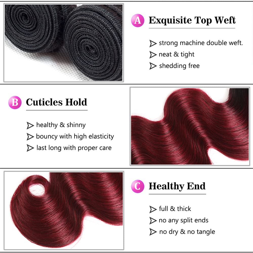 1B99J Human Hair Bundles Burgundy Body Wave Bundle Brazilian Unprocessed Virgin Hair 3 Bundles 18 20 22 Inch 1B99J Bundle Hair Extensions
