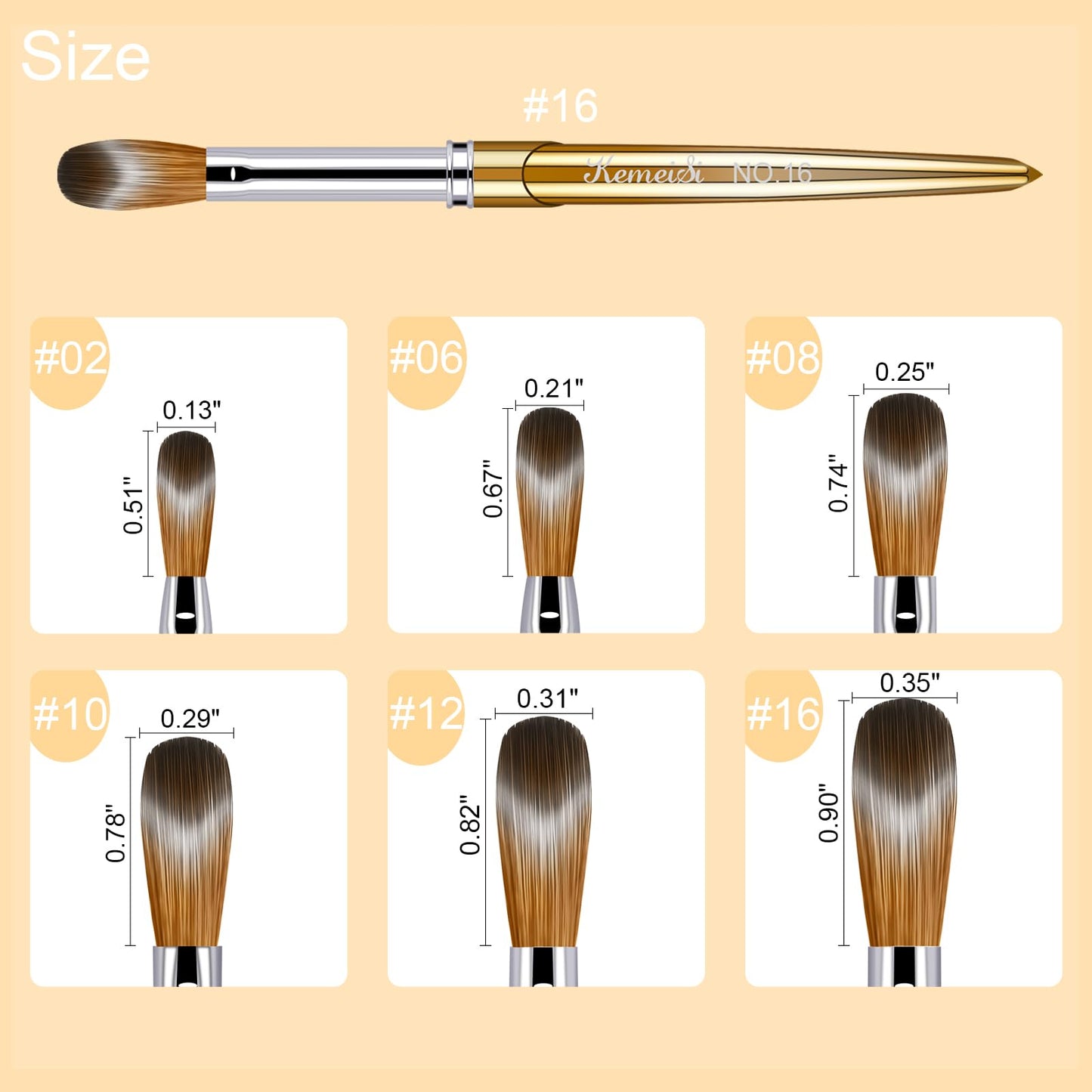 KEMEISI Acrylic Nail Brush Set, Size 02/06/08/10/12/16 Kolinsky Nail Art Brushes for Acrylic Application, Sturdy Handle Oval Shaped Acrylic Powder Nail Design Tools for Professional Manicure DIY Home