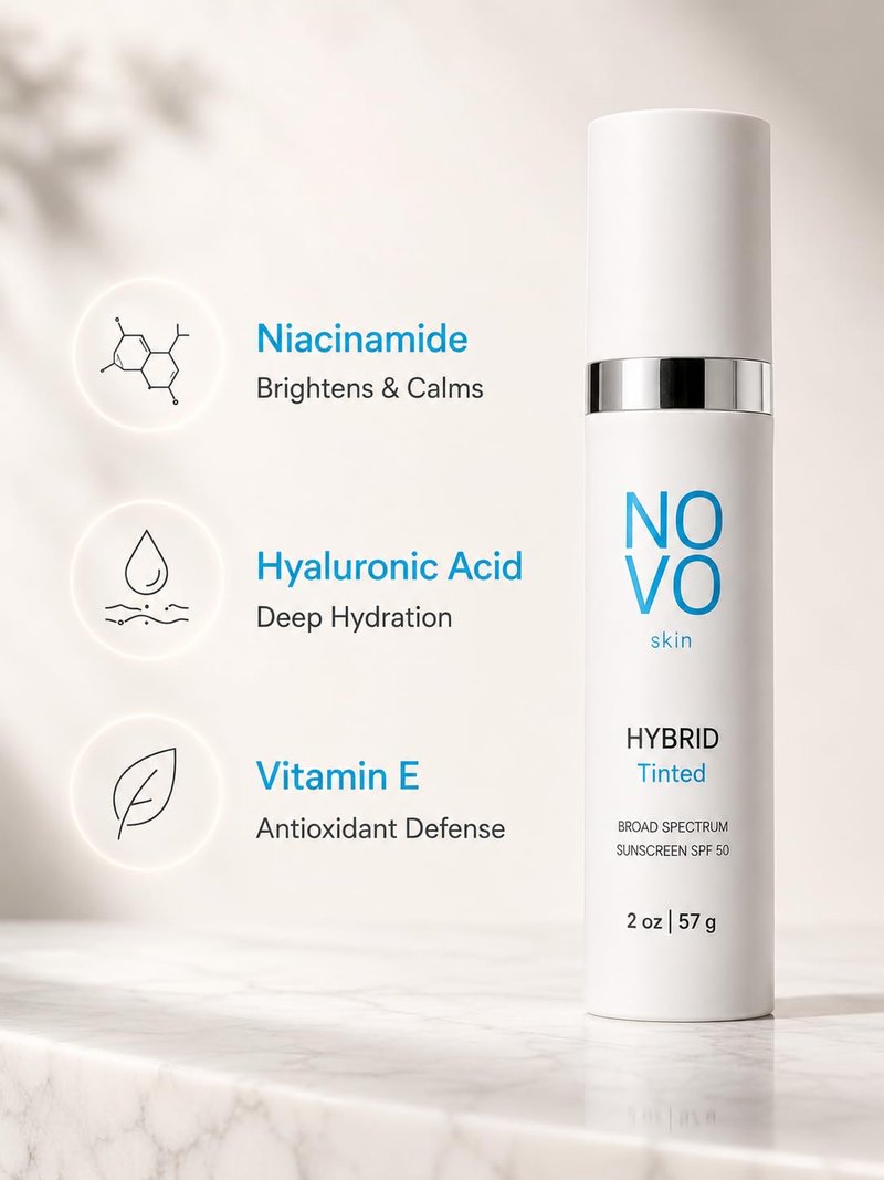NOVO Skin Tinted Hybrid Sunscreen SPF 50 – Hydrating Dewy Tinted Face Moisturizer with Zinc Oxide & Octinoxate – Niacinamide & Hyaluronic Acid – Broad Spectrum Lightweight Daily SPF, 2 oz