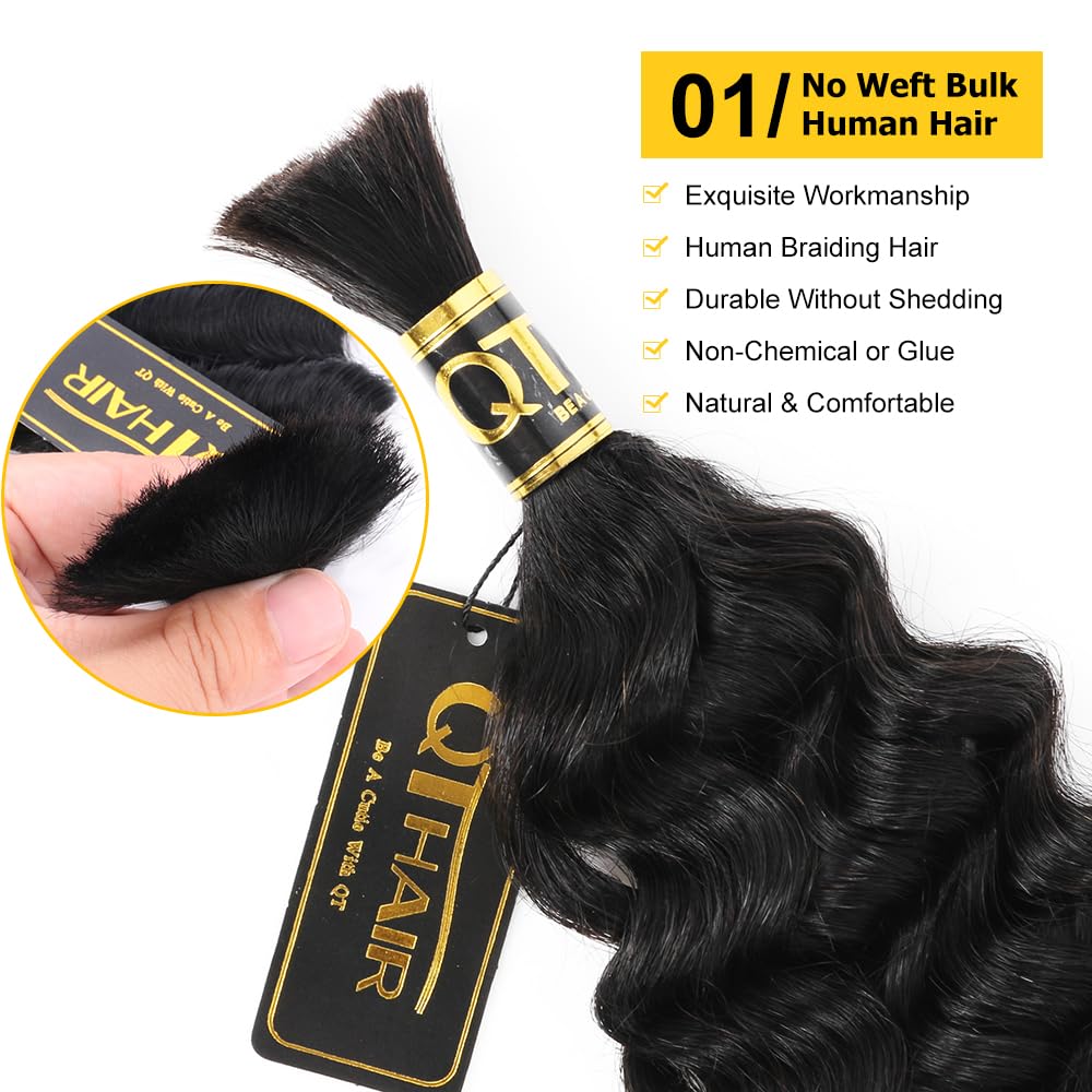 QTHAIR Deep Water Wave Bulk Human Hair For Braiding, 18A, No Weft, 100% Unprocessed Brazilian Water Wave Virgin Hair, one Bundle, Micro Braiding (#1B(Natural Black), 18"-50g, Curly)