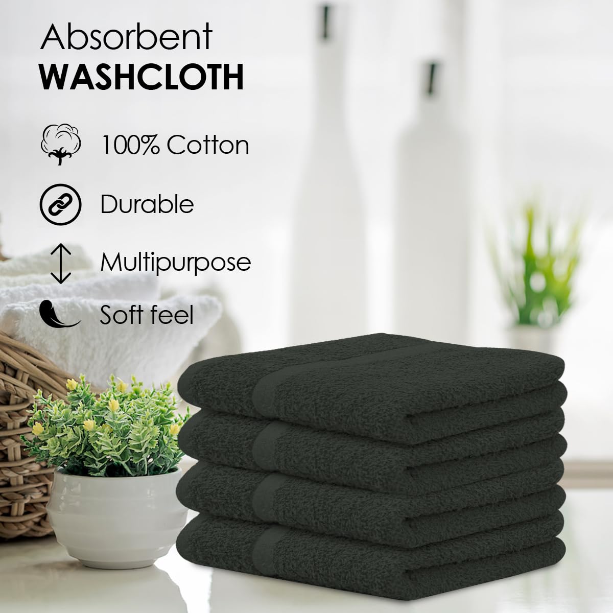 Avalon Towels Wash Cloths for Showering 48 Pack 100% Cotton Grey Washcloths Bulk 12x12 Wash Rags, Facial Towel, Face Towels for Body, Bath Washcloth, Fingertip Towel