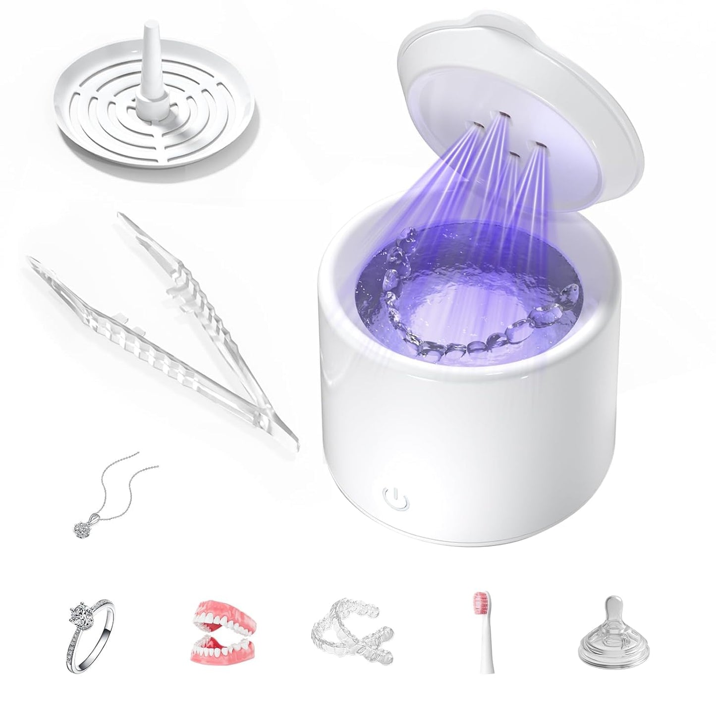 Ultrasonic Retainer Cleaner, 48kHz Denture Cleaner, Retainer Cleaning Machine for Denture, Retainer, Aligner, Jewelry, Mouth Guard, Brace, Toothbrush, Pacifier, Razor, 3 Modes Jewelry Cleaner-White