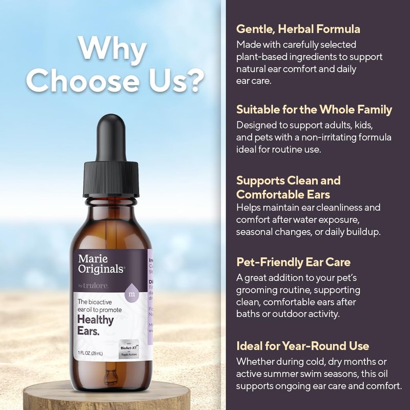 Marie Originals Mullein Garlic Oil Ear Drops for Adults Kids and Pets, Natural Herbal Earache Oil for Earwax Removal, Dry Itchy Ears and After Swimming Care, 1oz (1 Pack)