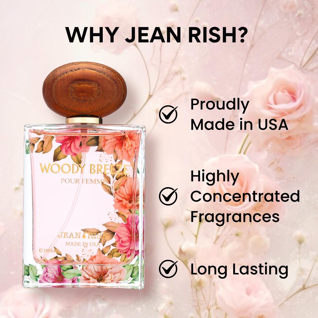 Jean Rish Woody Breeze Perfume for Women Eau De Parfum, Long-Lasting Luxury Fragrance, Made In USA - Pear, Jasmine, Iris, Vanilla, Patchouli Scent - 100ml / 3.4 oz