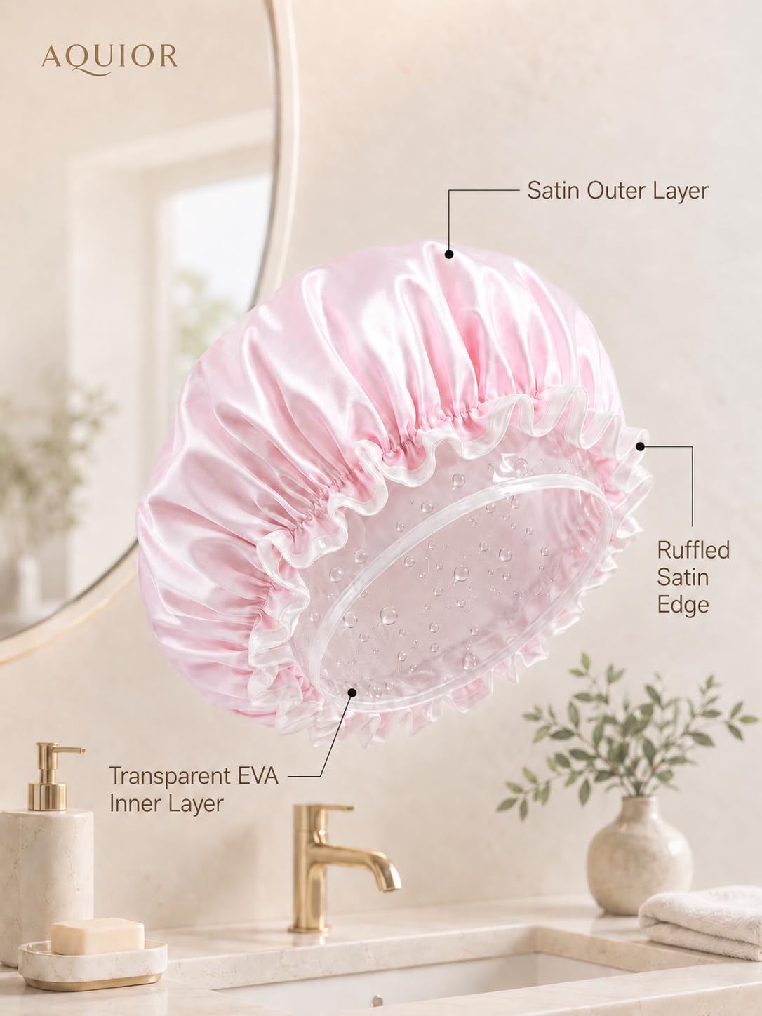 Aquior Shower Caps, Reusable Shower Cap for Women, Double Layer Waterproof Hair Cap, Large Size for All Hair Lengths,for Girls Spa Home Salon Use
