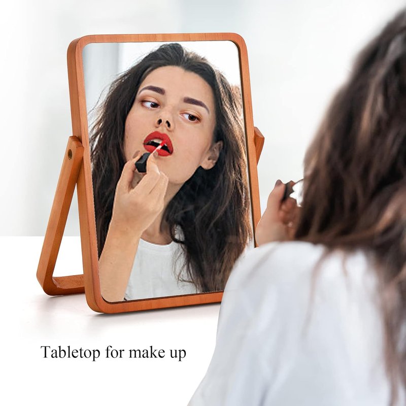 Vanity Mirror with Wood Stand - 360° Rotation Makeup Mirror | 10" Rectangle Portable Cosmetic Mirror in Pine