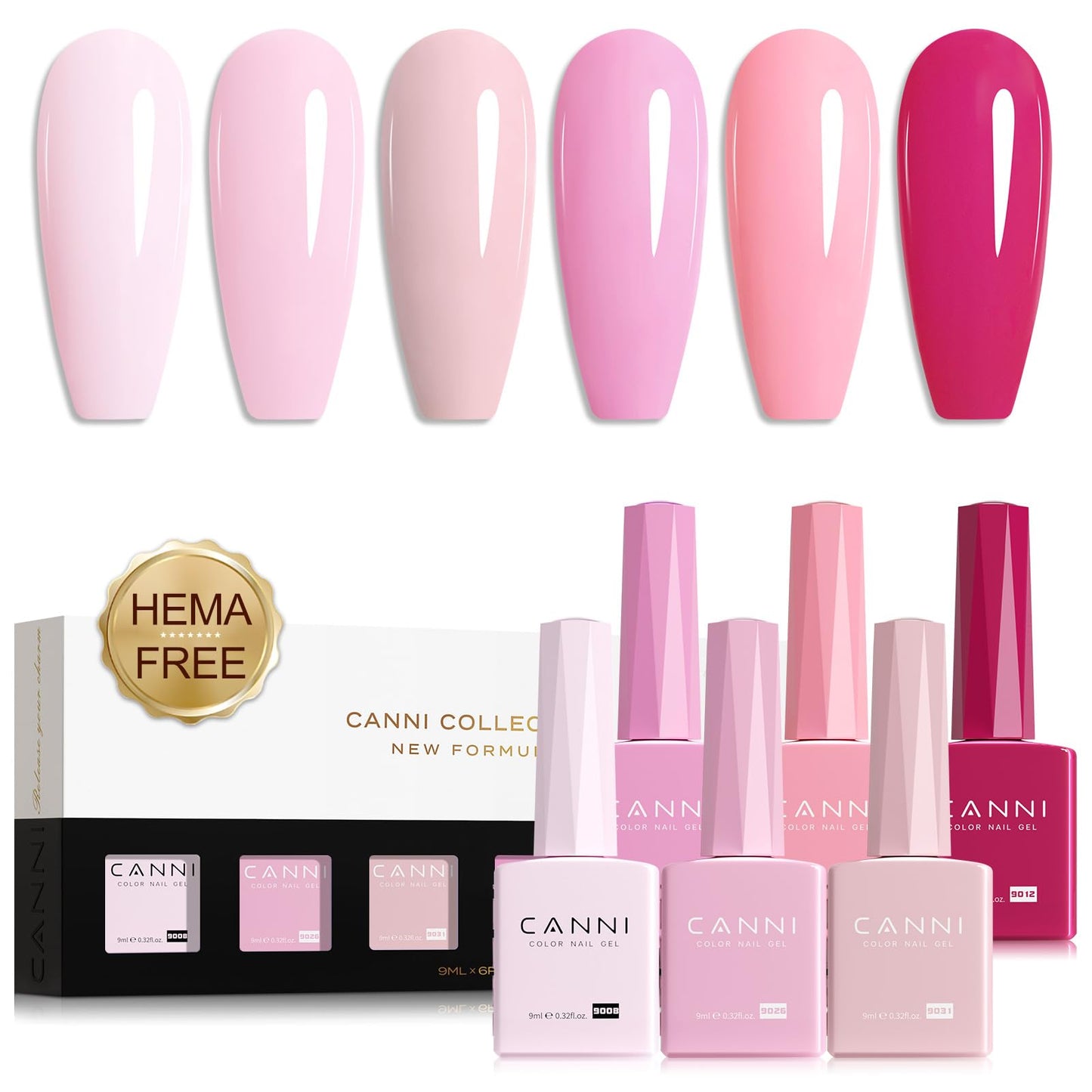 CANNI Pink Gel Nail Polish Set – 6 Soft Rose & Light Pink Colors, 9ML Each, Soak-Off UV LED Gel for Nail Art Design, DIY or Salon Manicure for Women