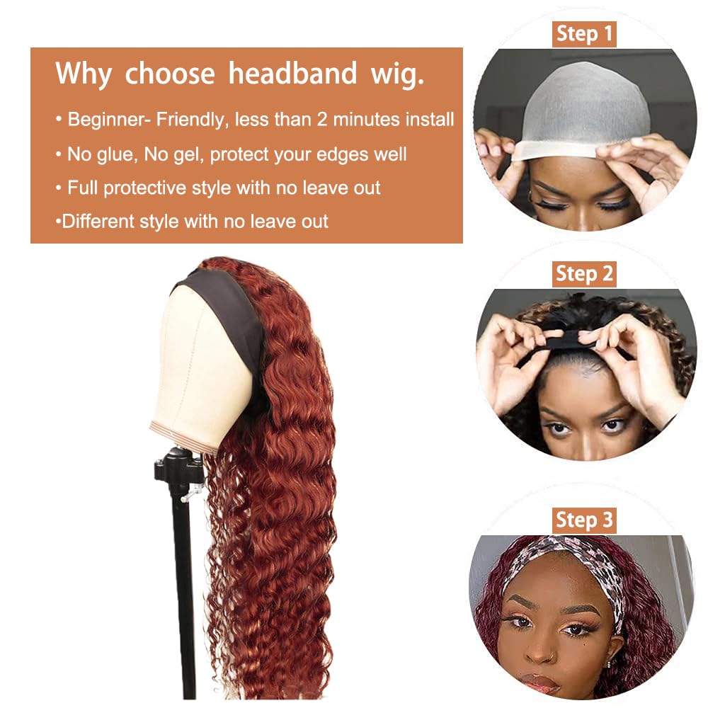 YiweYowe 32 Inch #33 Reddish Brown Headband Wig Human Hair 150% Density Grade 8A Unprocessed Brazilian Virgin Hairs Machine Made Auburn Brown Water Wave Headband Wig Human Hair None Lace Front Wig