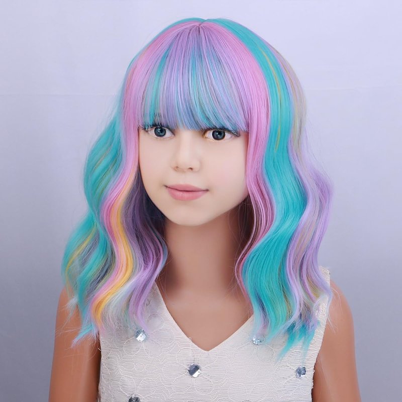 PATTNIUM Multicolor Wig for Kids Rainbow Child Wig with Bangs Wavy Colorful Wigs for Girls Shoulder Length Heat Resistant Synthetic Wigs