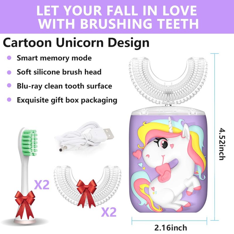 Kids U-Shaped Electric Toothbrush, Sonic Automatic Toothbrush with 4 Brush Heads, 360° Whole Mouth Cleaning Six Modes, Unicorn Design, IPX7 Waterproof, Rechargeable Birthday Gift (Purple, Kids 2-7)