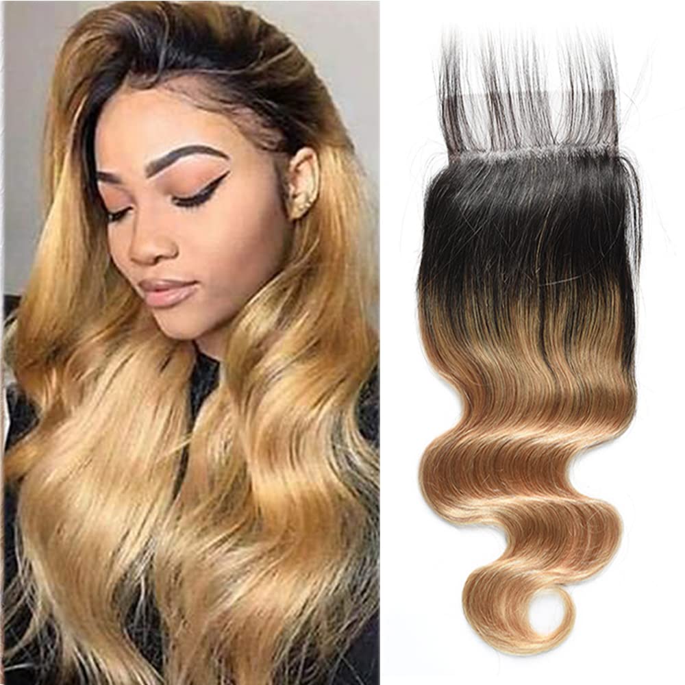 Ombre Lace Closure 4X4 Transparent Lace 14 Inch Free Part With Baby Hair Body Wave Closure For Women Pre Plucked Natural Hairline Peruvian Virgin Hair Real Human Hair Next Day Delivery 1B/27 Closure