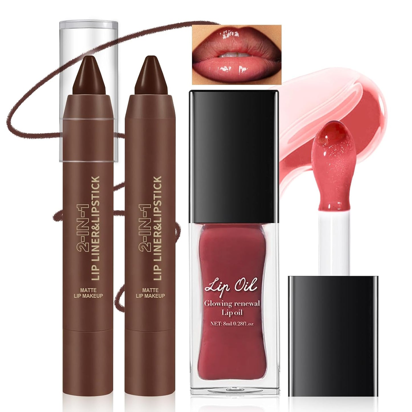 Nourishing Glowing Lip Oil & Ombre Lip Liner Set - Moisturizing Rose Pink Lip Tint Crayon Combo for Women