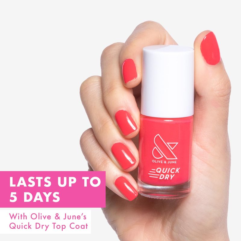 Olive & June Quick Dry Nail Polish | Spring Pastel Nails | Instant Fast-Drying Smudgeproof | 15-free Vegan Cruelty-Free | Lasts up to 5 Days | Salon-Quality Manicure Pedicure |Pomodoro Tomato Red-Pink