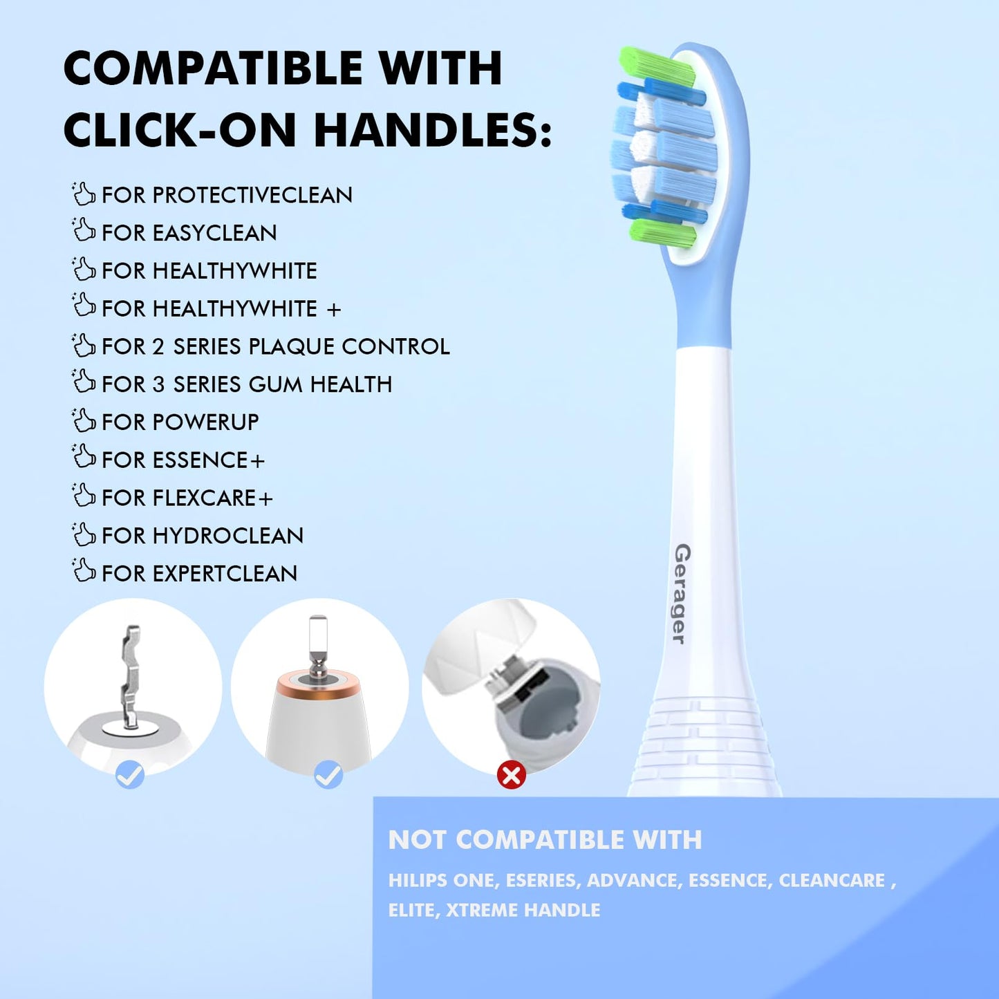 GERAGER Replacement Toothbrush Heads Compatible with Philips Sonicare and More Click-on Handles C3 G3 W3 C2 G2 Brush Heads, 10 Pack White