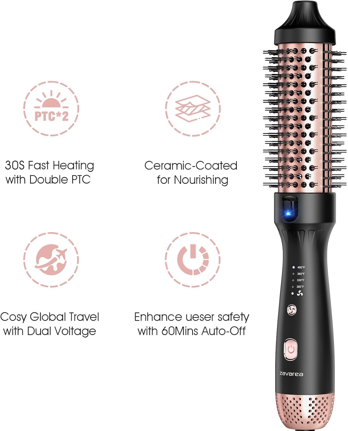ZAVAREA Thermal Brush, 1.5 Inch Heated Round Brush Stylers, 800M Negative Ions Ceramic for Less Frizz Damage, 4 Temperature Set, Dual Voltage for Travel, Easy Use Boosts Shine, Dual Voltage