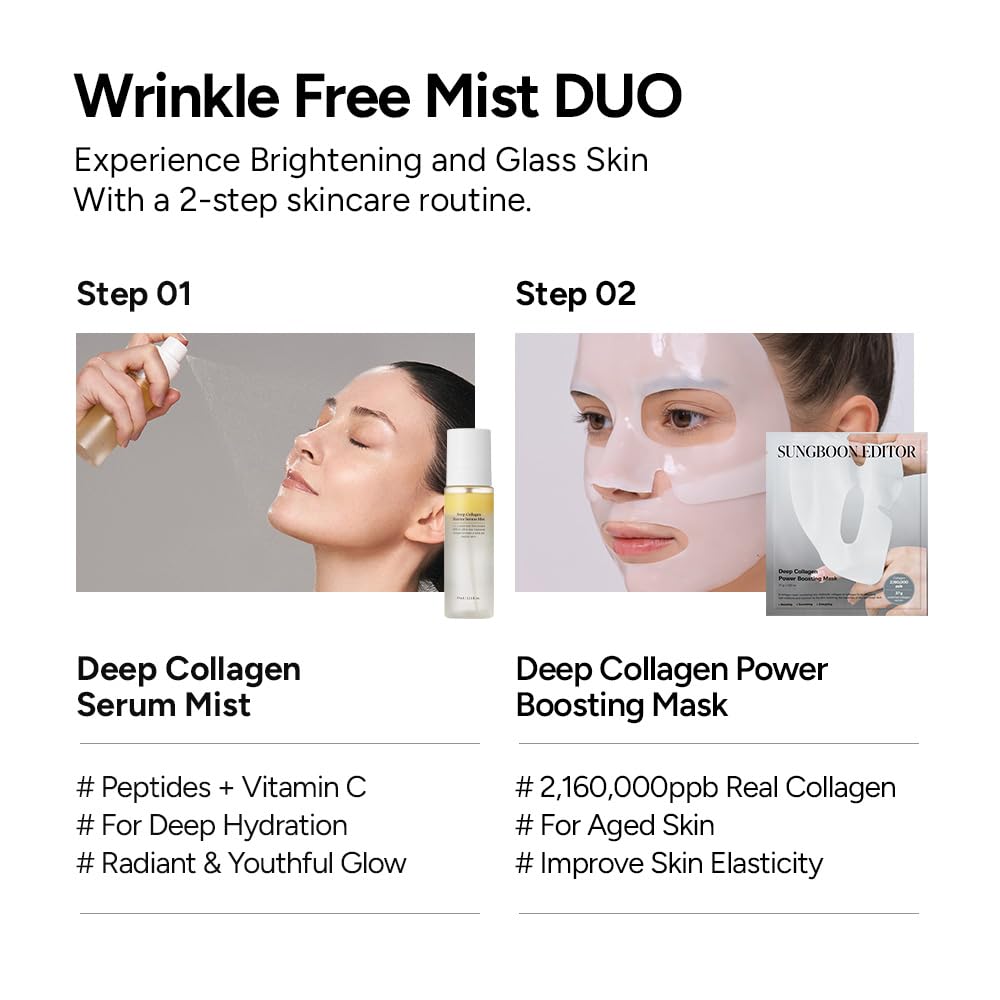 Wrinkle Free Mist DUO: Deep Collagen Power Boosting Mask Sheets (4ea) & Deep Collagen Barrier Serum Mist, Hydrating Gift Set for Women & Moms, Korean Skincare