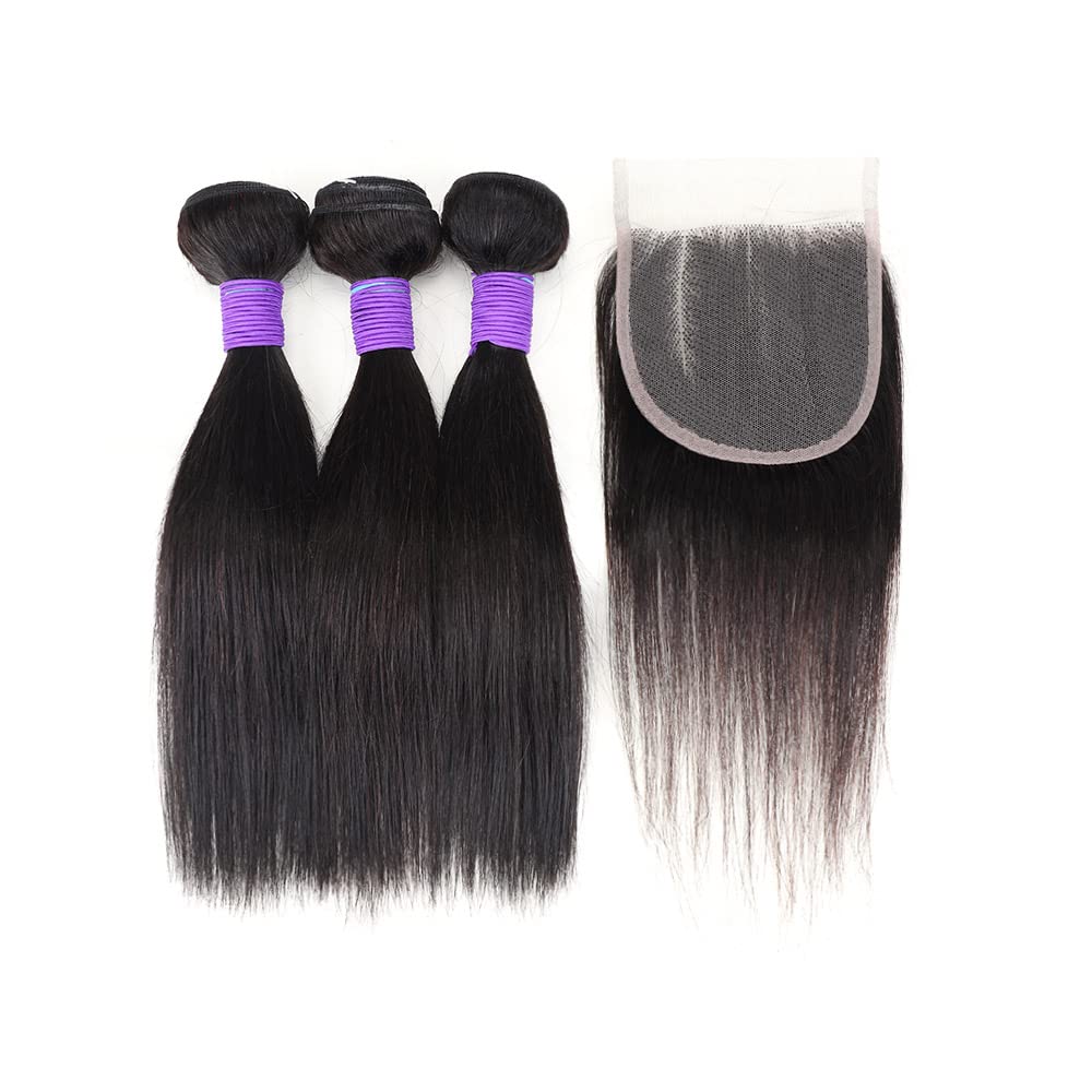 3 Bundles Human Hair with Closure Straight 100% Unprocessed Virgin Brazilian Hair Weave with 4x4 Lace Closure Free Part Double Weft 10A Hair Extensions Natural Black Color (8" 8" 8" + 8" Closure)