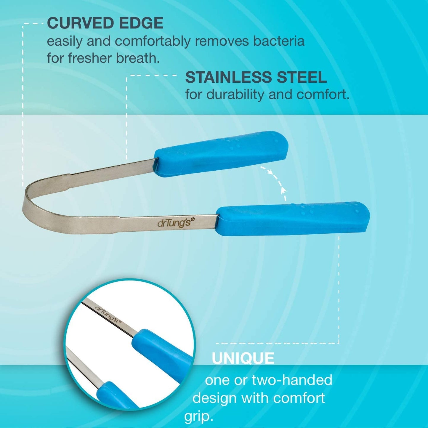 drTung's Stainless Steel Metal Tongue Scraper - Tongue Cleaner for Adults, Kids, Helps Freshen Breath, Easy to Use Comfort Grip Handle, Comes with Fabric Travel Pouch - 1 Pack