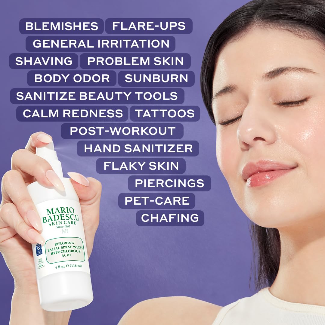 Mario Badescu Repairing HOCl Facial Spray with Hypochlorous Acid – Soothes & Hydrates Angry, Irritated Skin, Reduce Redness & Flare-Ups – pH Balancing, Non-Irritating Cleanser, Fragrance-Free, 4 Fl Oz