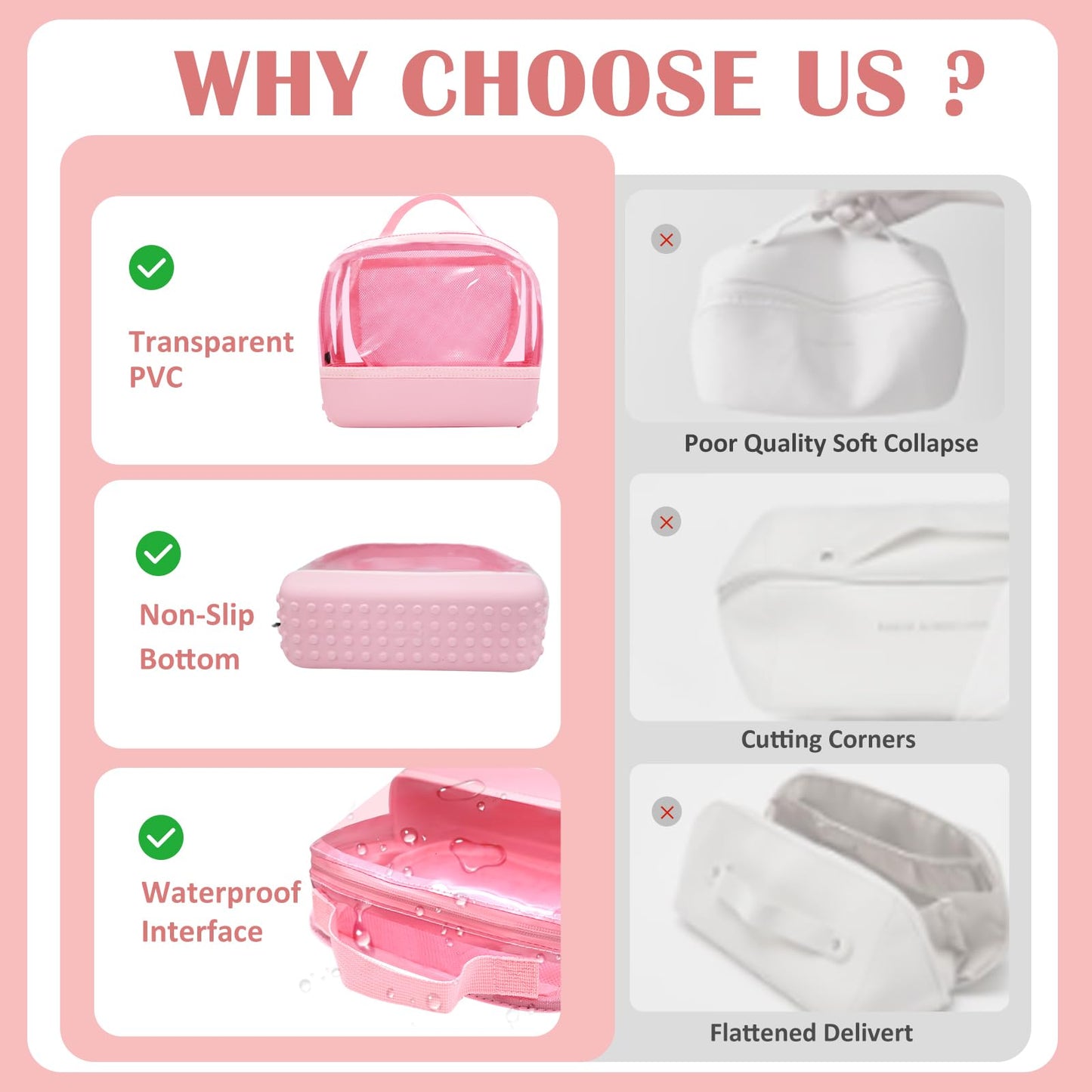 Chokoter Clear Small Makeup Bag, Makeup Pouch Toiletry Bags for Traveling Women, Cosmetic Bag with Waterproof Anti-slip EVA Bottom (Pink)