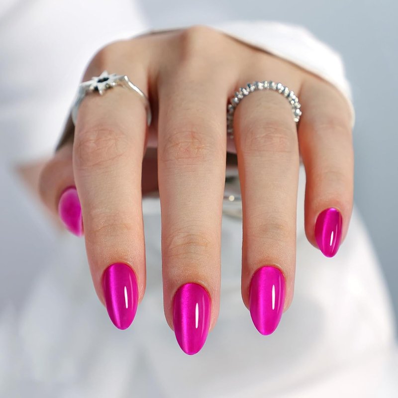 Almond Cat Eye Press-On Nails - Hot Pink Soft Gel Fuchsia | 32 Pcs Reusable in 16 Sizes