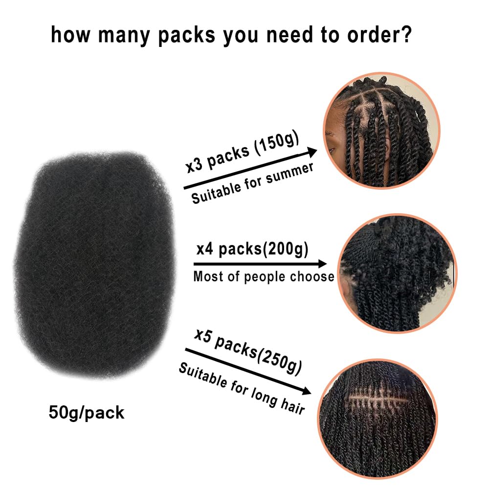 Afro Kinky Bulk Human Hair Extensions - 50g Braiding Hair for Twists, Locs & Dreadlocks | 22" | Color 1B