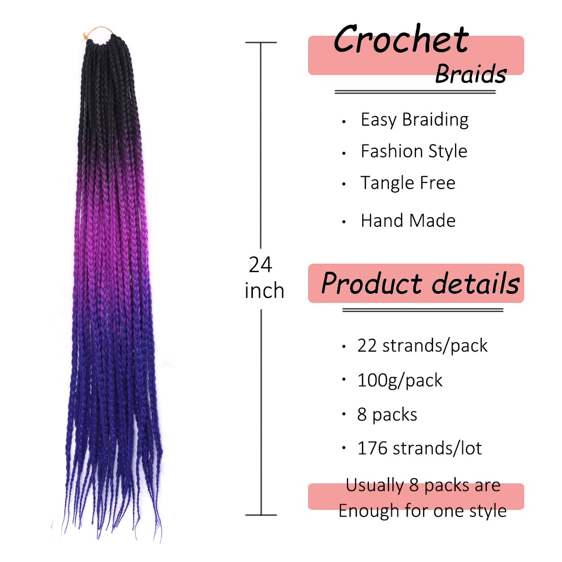 8 Packs Goddess Crochet Box Braids Hair 24Inch Pre looped Box Braids Crochet Hair for Black Women Ombre Purple Blue Striaght Knotless Box Braided Freetress Braiding Hair(Black/Purple/Blue#)