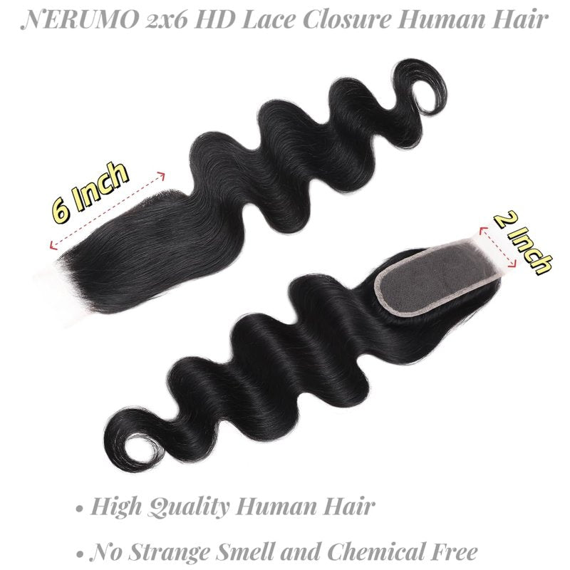 2x6 HD Lace Closure Body Wave Human Hair Transparent 2 by 6 HD Lace Closure 18Inch 100% Brazilian Virgin Unprocessed Middle Part Human Hair Kim K Closure With Baby Hair Natural Color