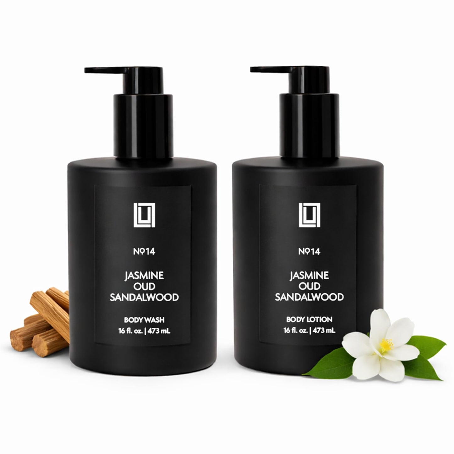 Lulu Candles, Jasmine, Oud & Sandalwood, Revitalizing Body Wash & Nourishing Body Lotion, 2-Piece Set, Full Size - 16 Fl Oz.