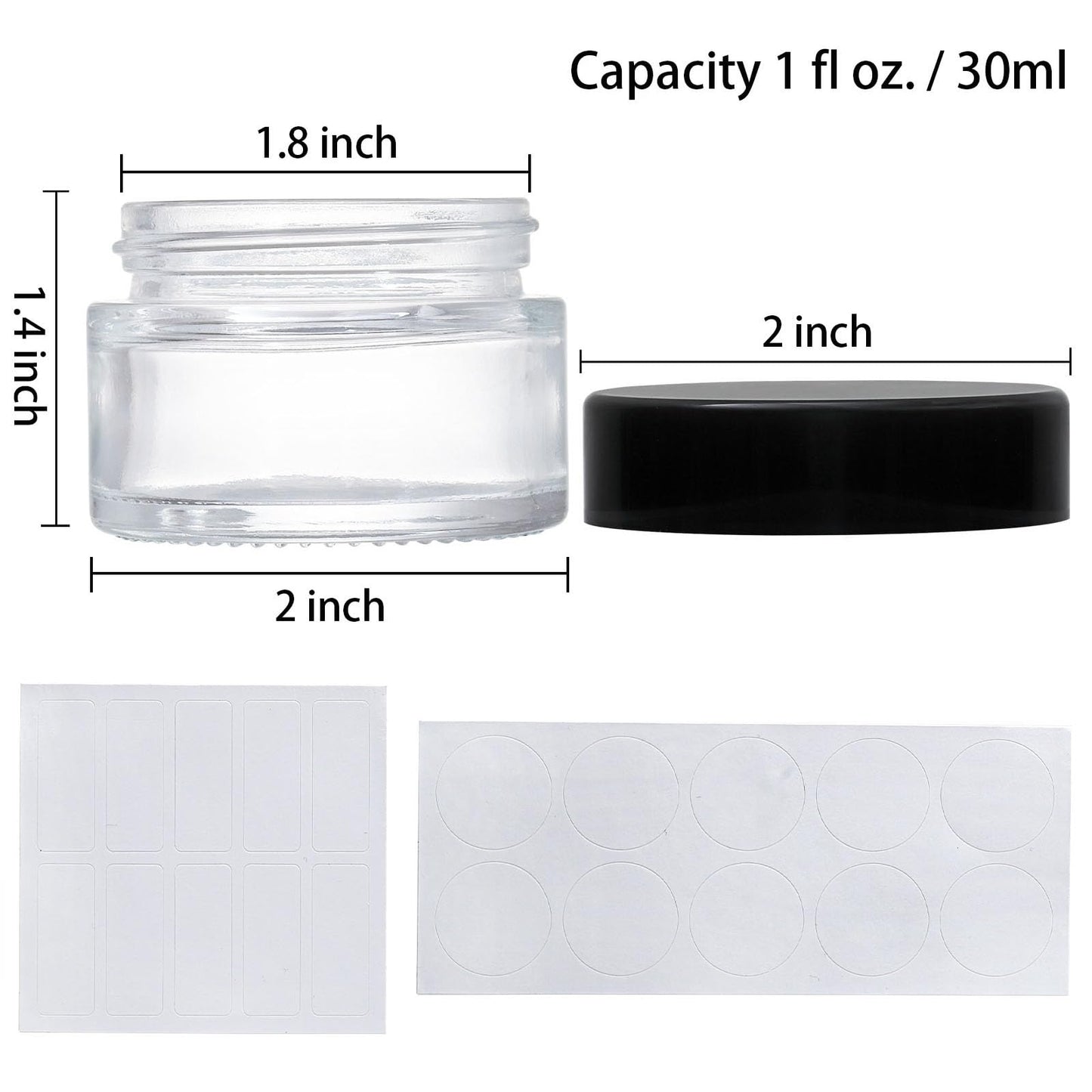 Bekith 40 Pack 1 oz Small Glass Jars, Empty Round Clear Glass Jars with Black Lids, Blank Labels & Inner Liners, Mini Cosmetic Containers Travel Jars for Cream, Lotion, Sample, Powder