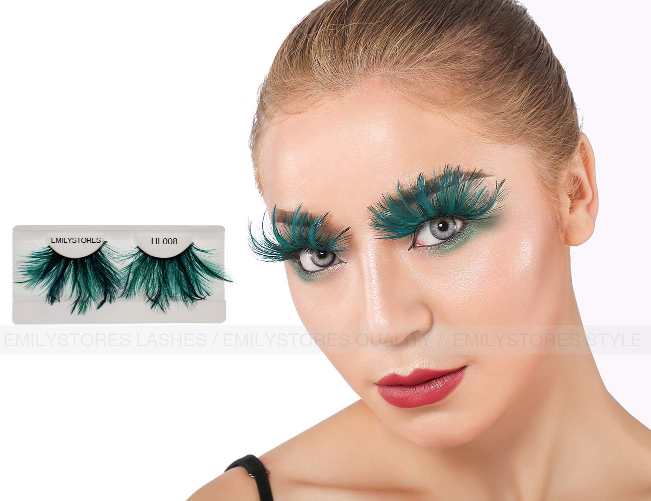 EMILYSTORES Green Faux-Feather Costume Eye Lashes For Halloween, Dramatic Eyelashes, Party Looking, 1 Pair