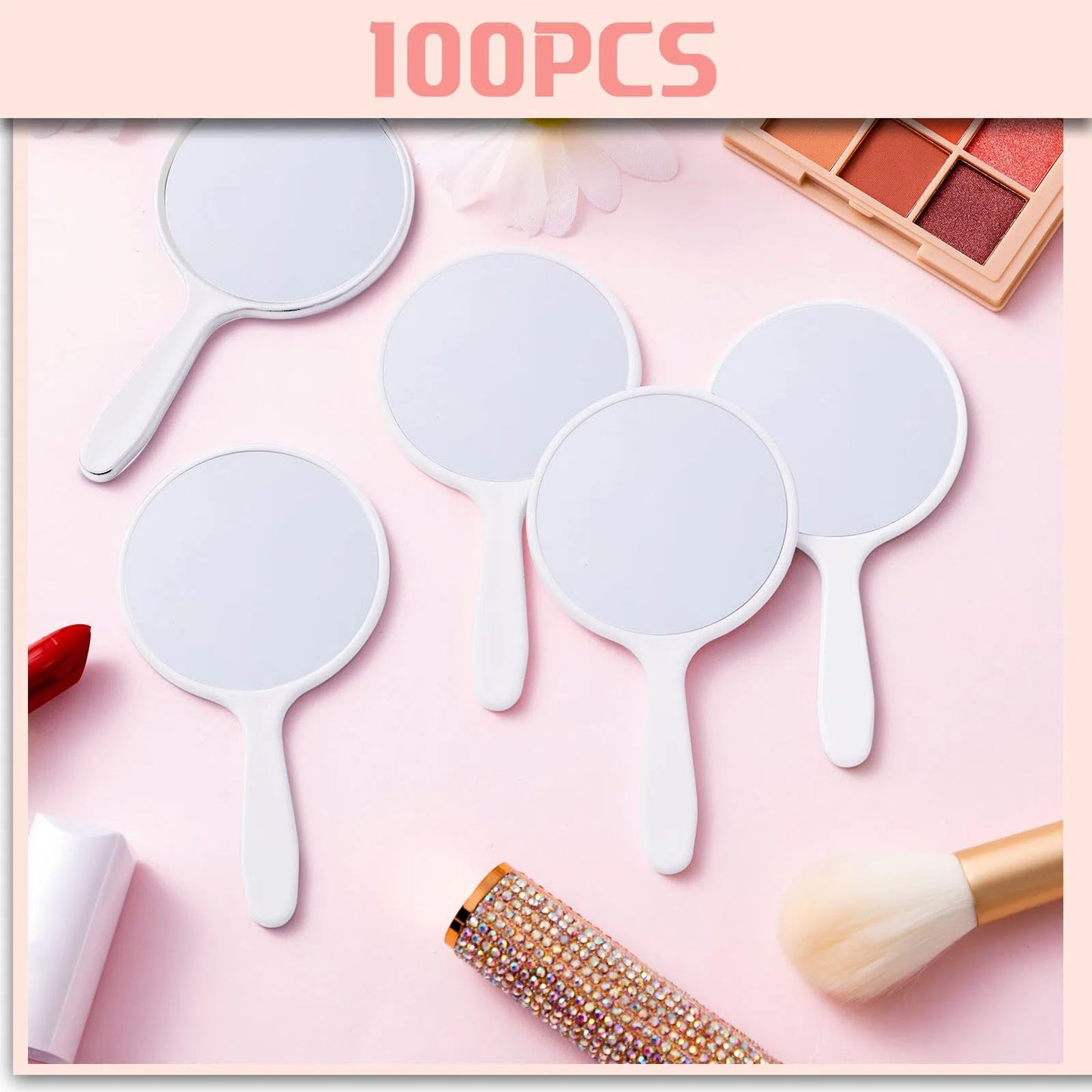 Vinsot 100 Pcs Handheld Mirror Bulk Small Hand Compact Mirrors with Handle Plastic Travel Makeup Portable 3.94 x 2.16 Inch for Birthday Dress up Wedding Practice Pronunciation (White)