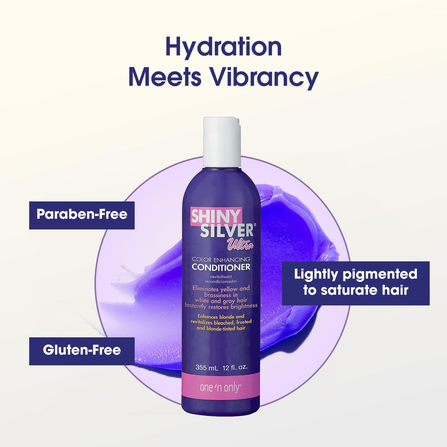 One 'N Only Shiny Silver Color Enhancing Conditioner for Women - Purple Conditioner to Neutralize Yellow & Brassy Tones - Restores Shine & Moisture for White, Gray, Blonde & Highlighted Hair (12 oz)