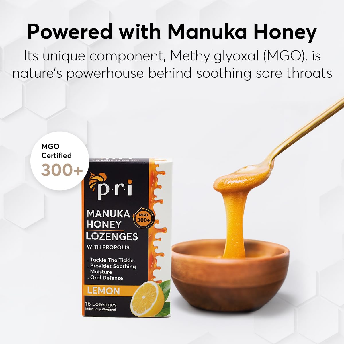 P.R.I Manuka Honey Lozenges with Propolis, Lemon Menthol Cough Drops, Natural Throat Drops, MGO 300+ Certified (16 Count, 2 Pack)