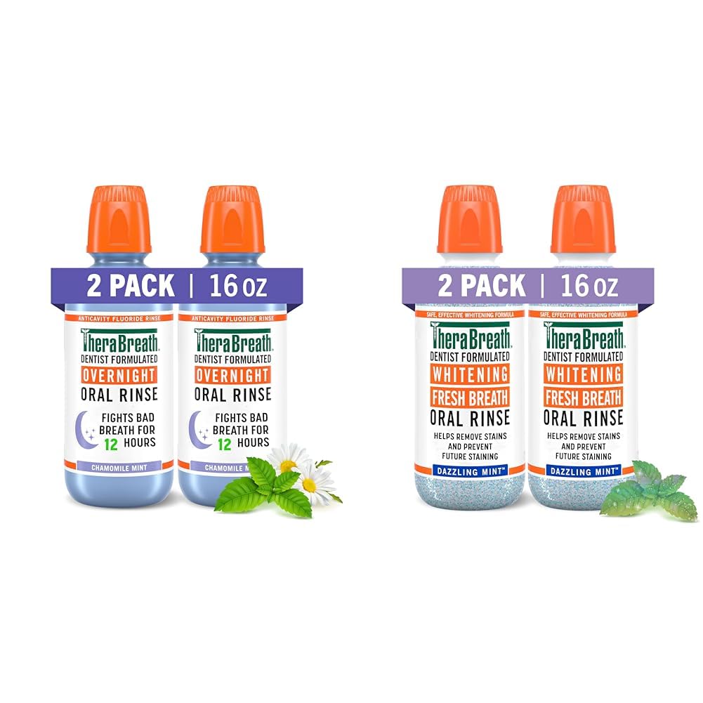 TheraBreath Overnight & Whitening Mouthwash Bundle, Chamomile Mint & Dazzling Mint Flavors, Fluoride & Alcohol Free, Fights Bad Breath 12 Hours, Removes Stains, Pack of 2, 16 fl oz Each